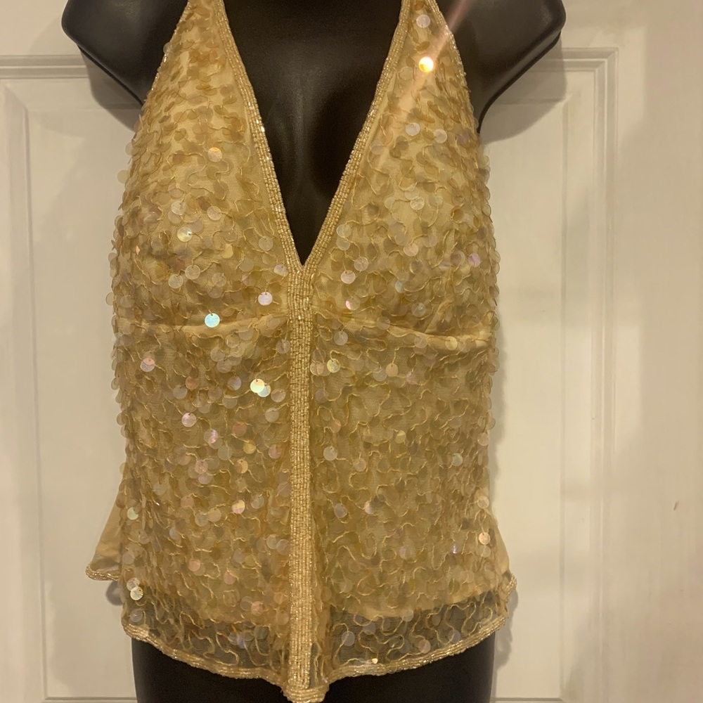 Sexy sequin /beaded halter top in gold. Lined.